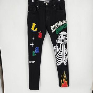 Lifted Anchors Jeans Mens 32 Slim Fit Pants Chenille Patches Black Skeleton